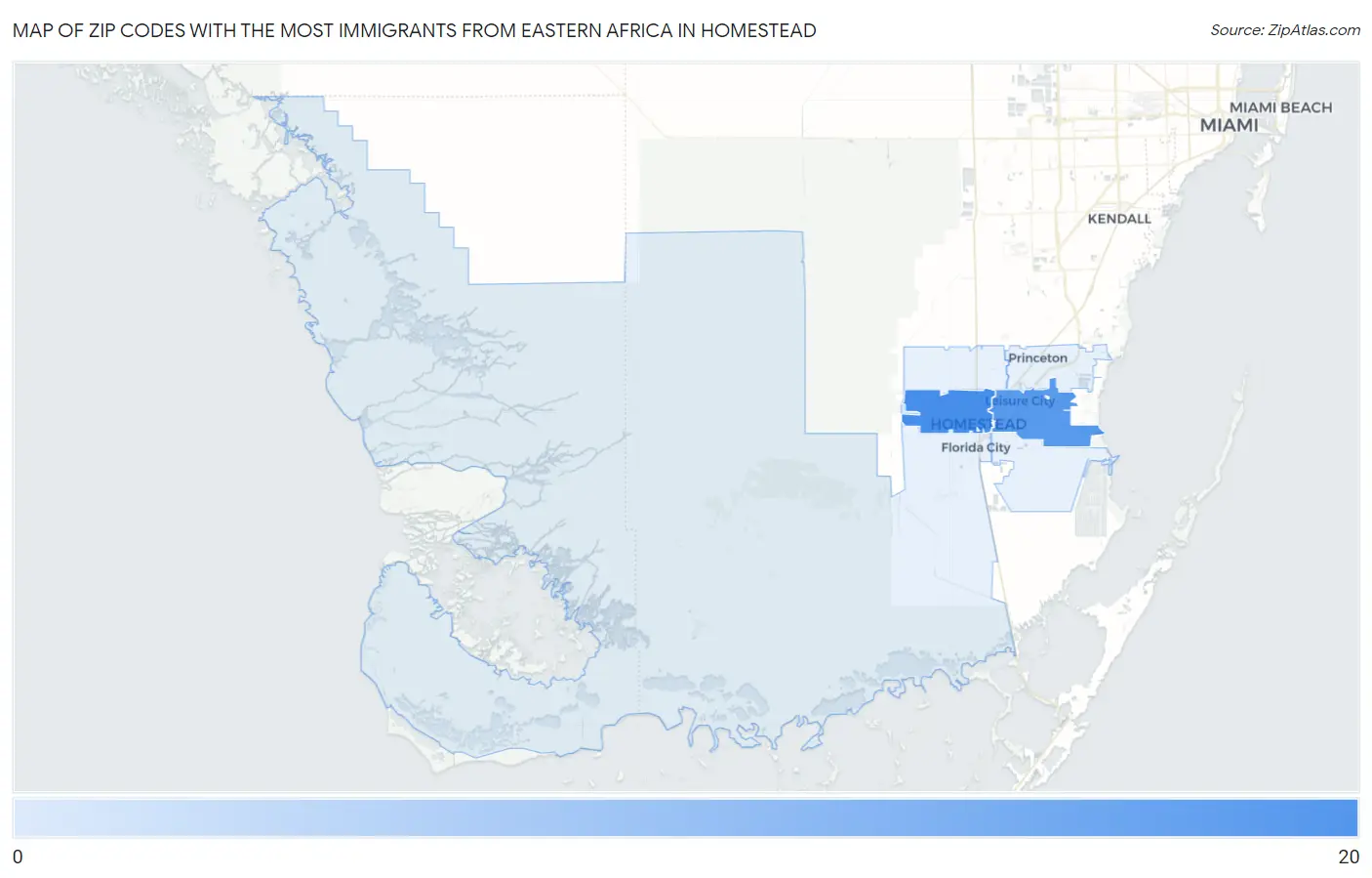 Zip Codes with the Most Immigrants from Eastern Africa in Homestead Map