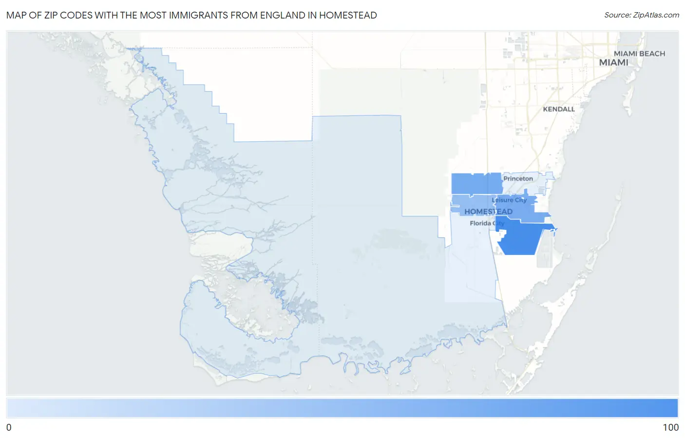 Zip Codes with the Most Immigrants from England in Homestead Map