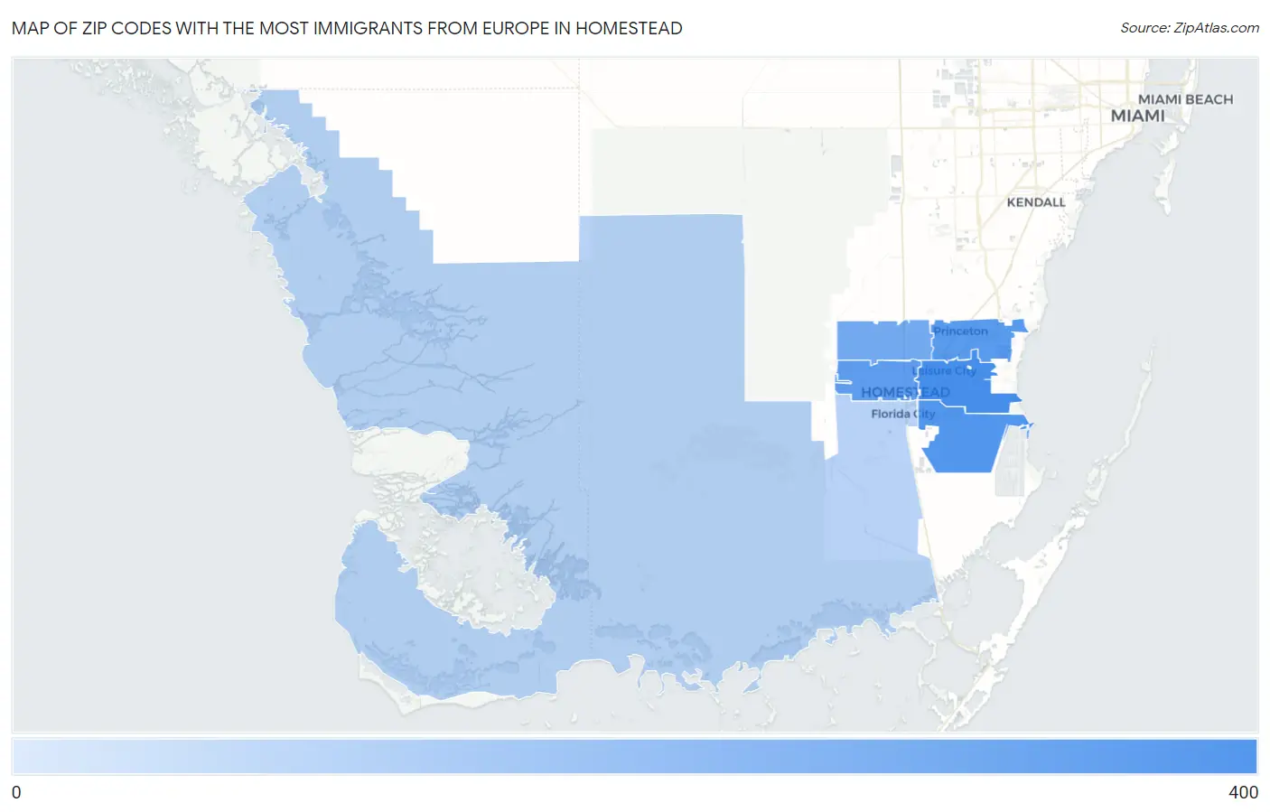 Zip Codes with the Most Immigrants from Europe in Homestead Map