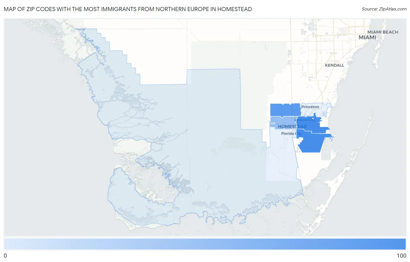 Zip Codes with the Most Immigrants from Northern Europe in Homestead Map