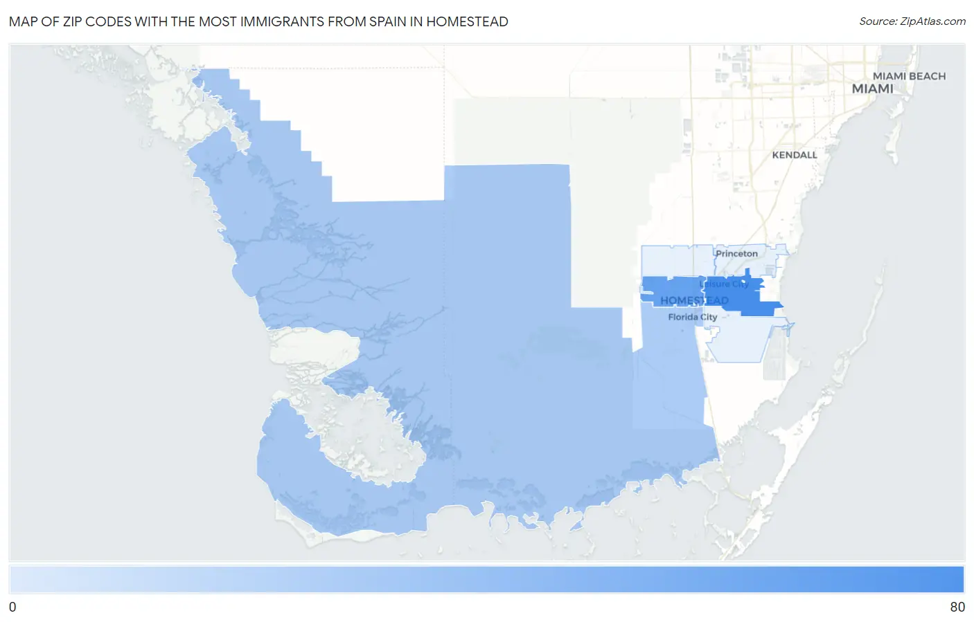 Zip Codes with the Most Immigrants from Spain in Homestead Map