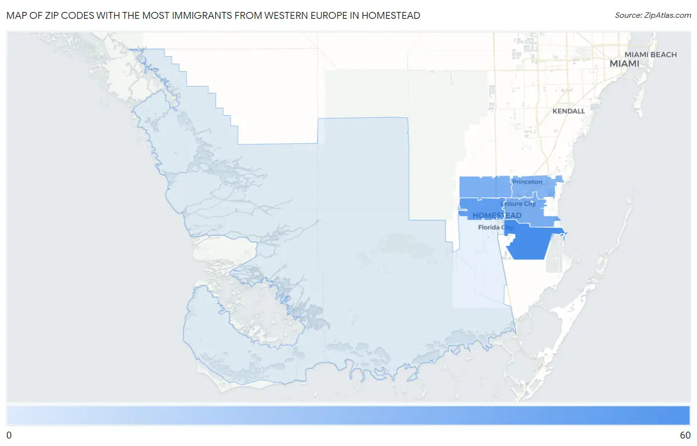 Zip Codes with the Most Immigrants from Western Europe in Homestead Map