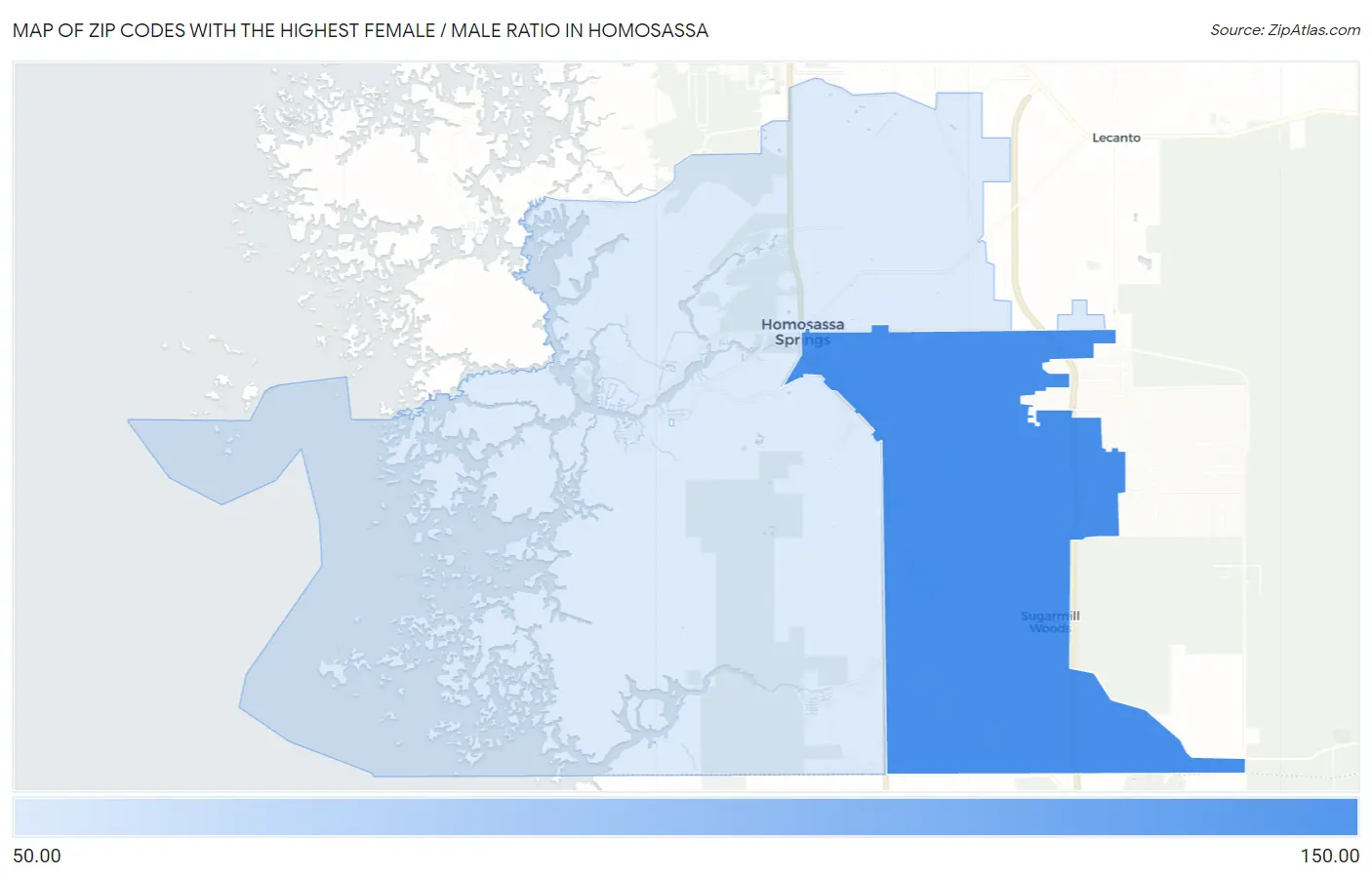 Zip Codes with the Highest Female / Male Ratio in Homosassa Map
