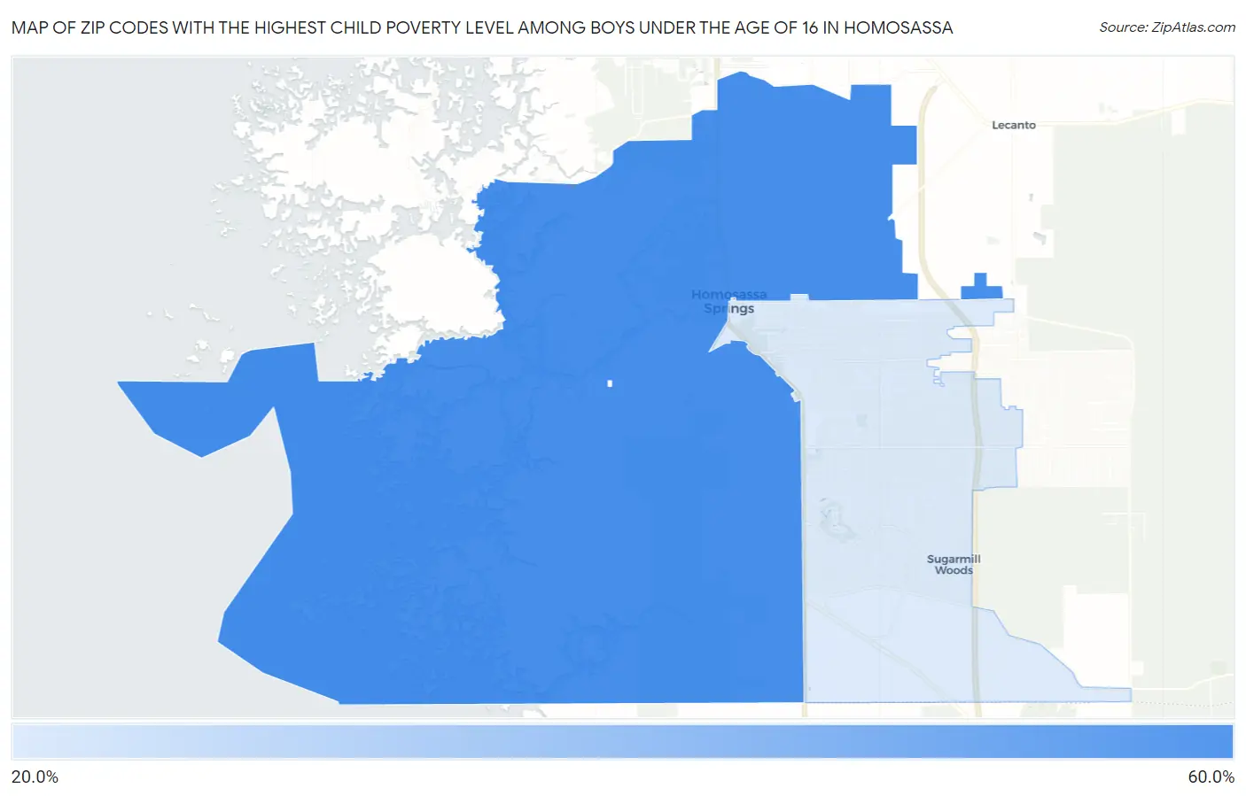 Zip Codes with the Highest Child Poverty Level Among Boys Under the Age of 16 in Homosassa Map