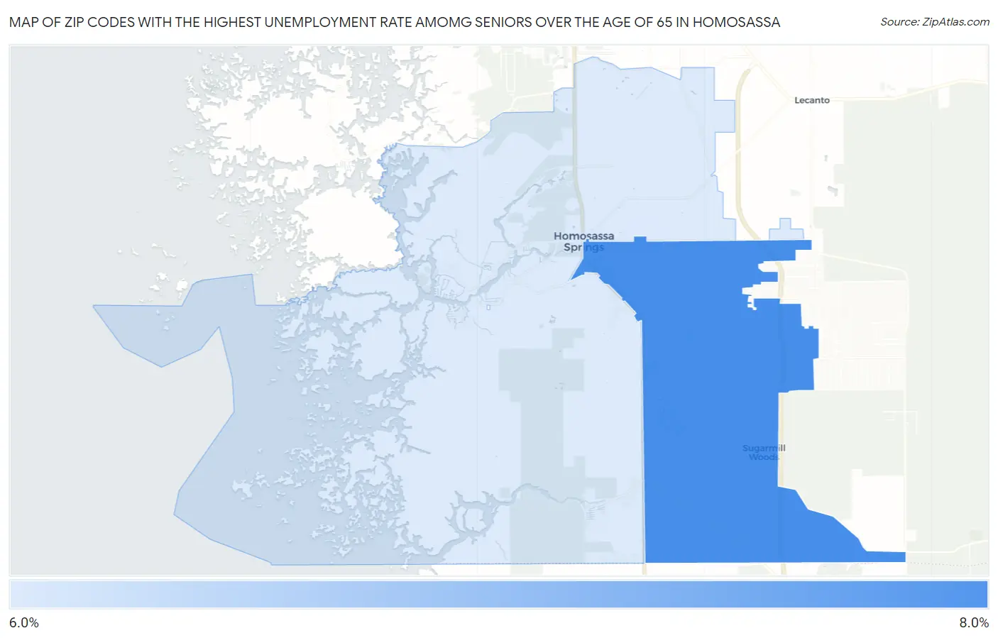 Zip Codes with the Highest Unemployment Rate Amomg Seniors Over the Age of 65 in Homosassa Map