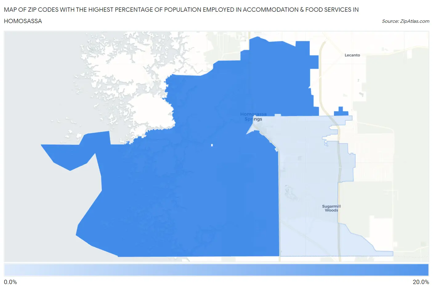 Zip Codes with the Highest Percentage of Population Employed in Accommodation & Food Services in Homosassa Map