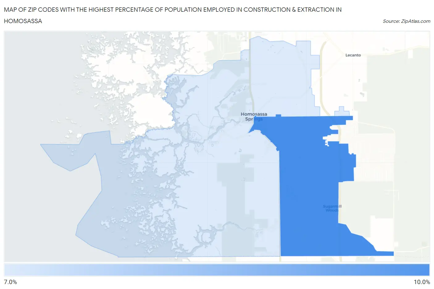 Zip Codes with the Highest Percentage of Population Employed in Construction & Extraction in Homosassa Map