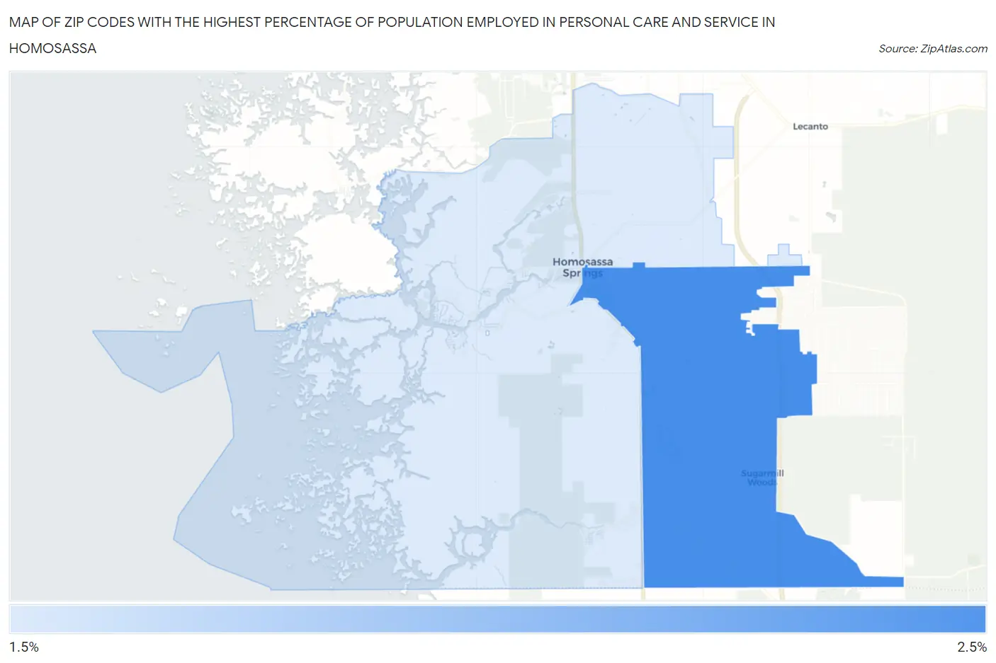 Zip Codes with the Highest Percentage of Population Employed in Personal Care and Service in Homosassa Map