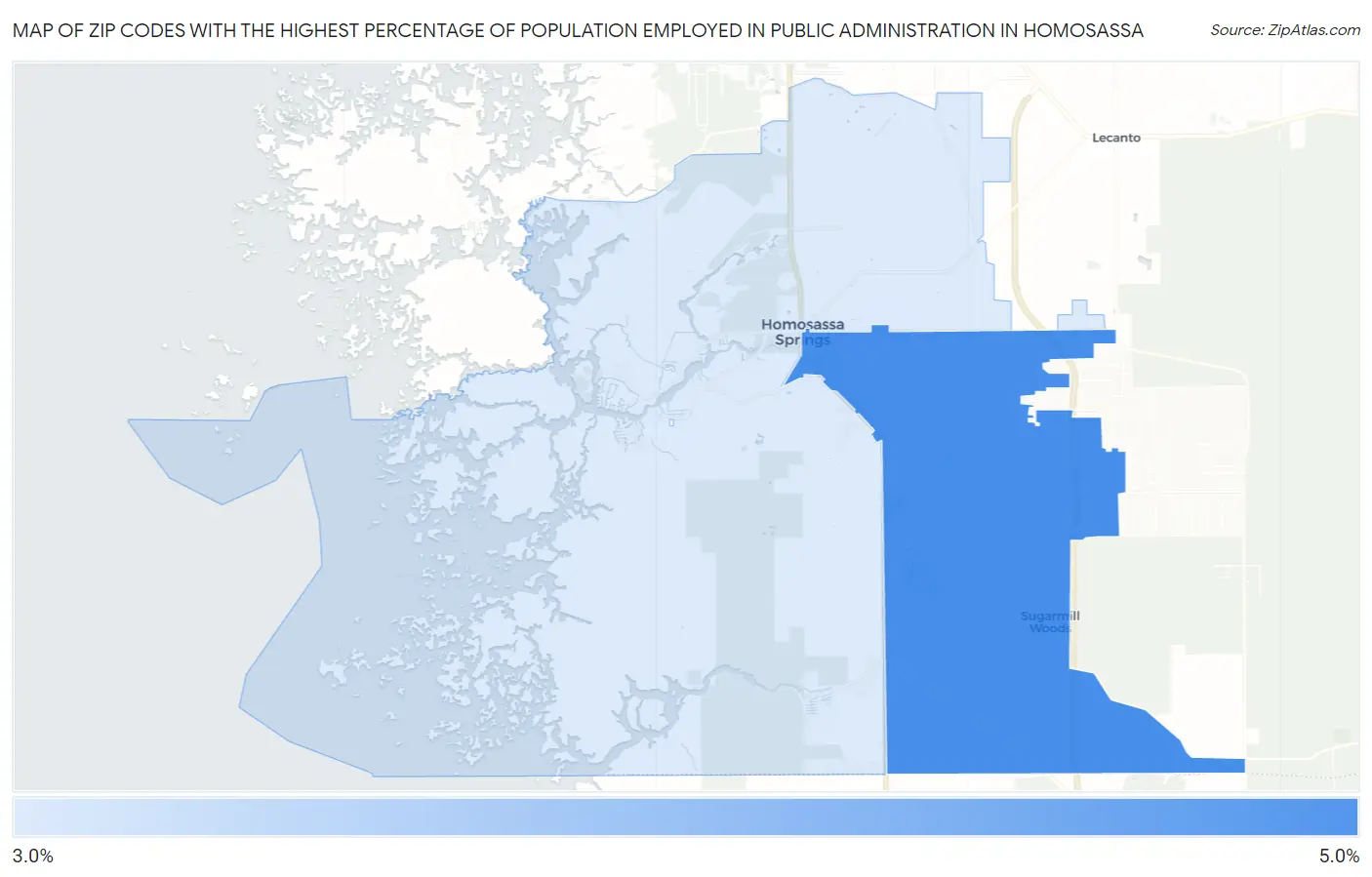 Zip Codes with the Highest Percentage of Population Employed in Public Administration in Homosassa Map