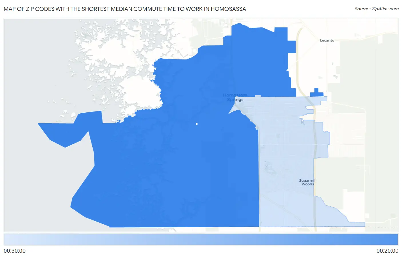Zip Codes with the Shortest Median Commute Time to Work in Homosassa Map