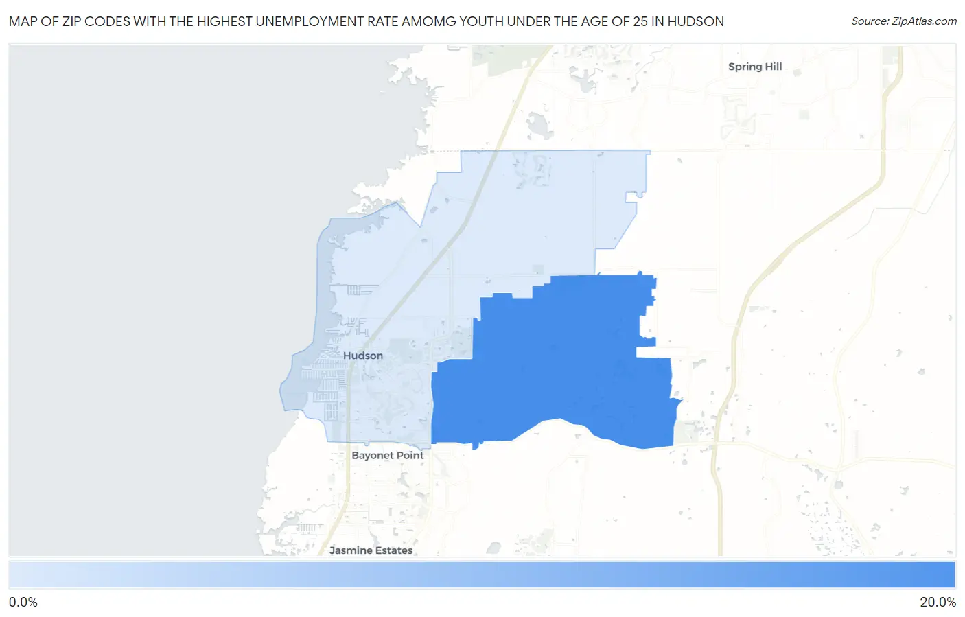 Zip Codes with the Highest Unemployment Rate Amomg Youth Under the Age of 25 in Hudson Map