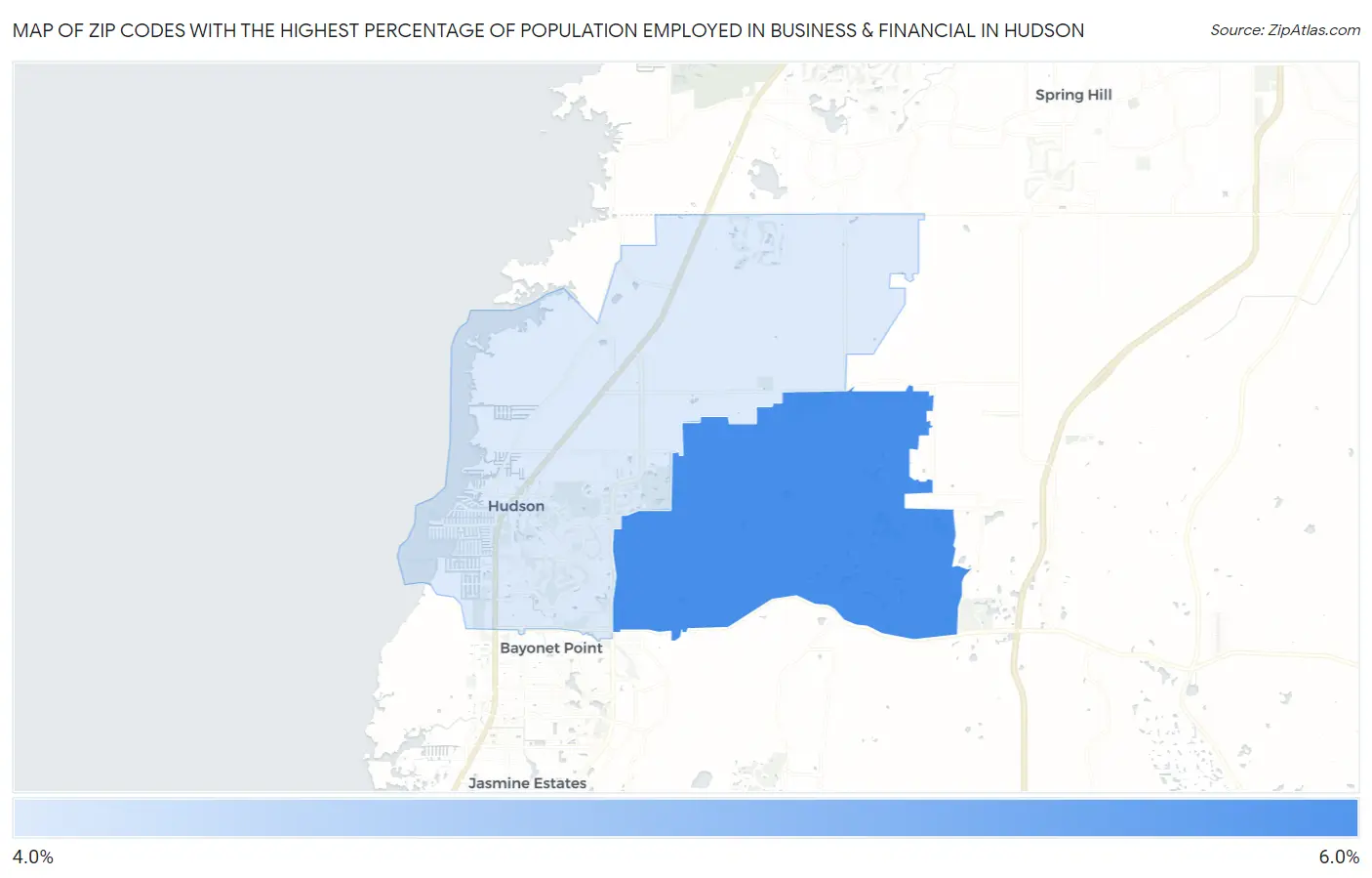 Zip Codes with the Highest Percentage of Population Employed in Business & Financial in Hudson Map