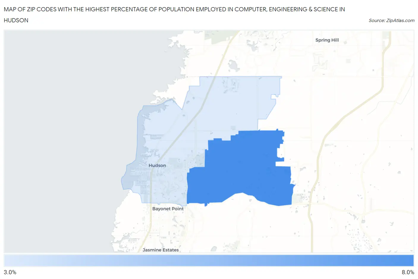 Zip Codes with the Highest Percentage of Population Employed in Computer, Engineering & Science in Hudson Map