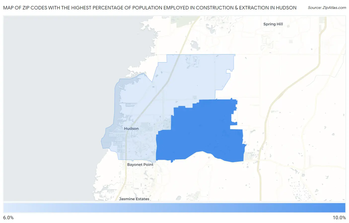 Zip Codes with the Highest Percentage of Population Employed in Construction & Extraction in Hudson Map