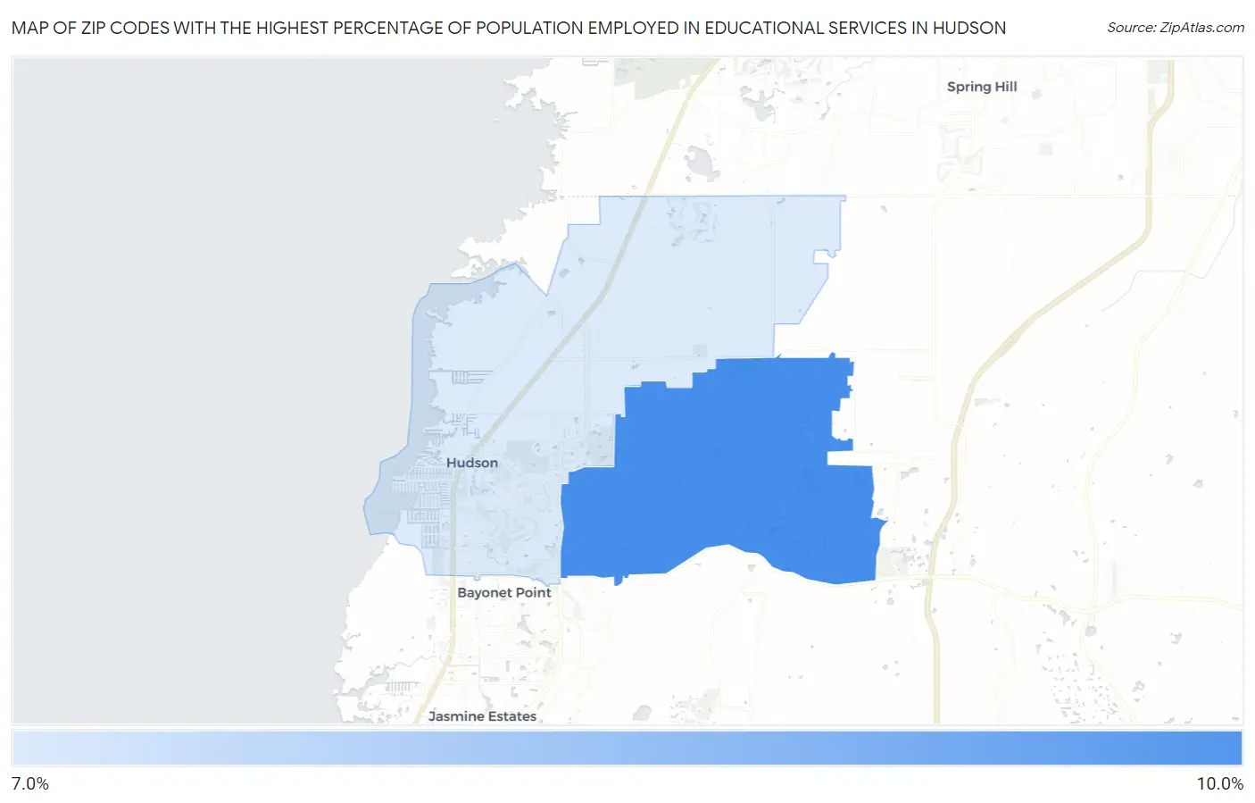 Zip Codes with the Highest Percentage of Population Employed in Educational Services in Hudson Map