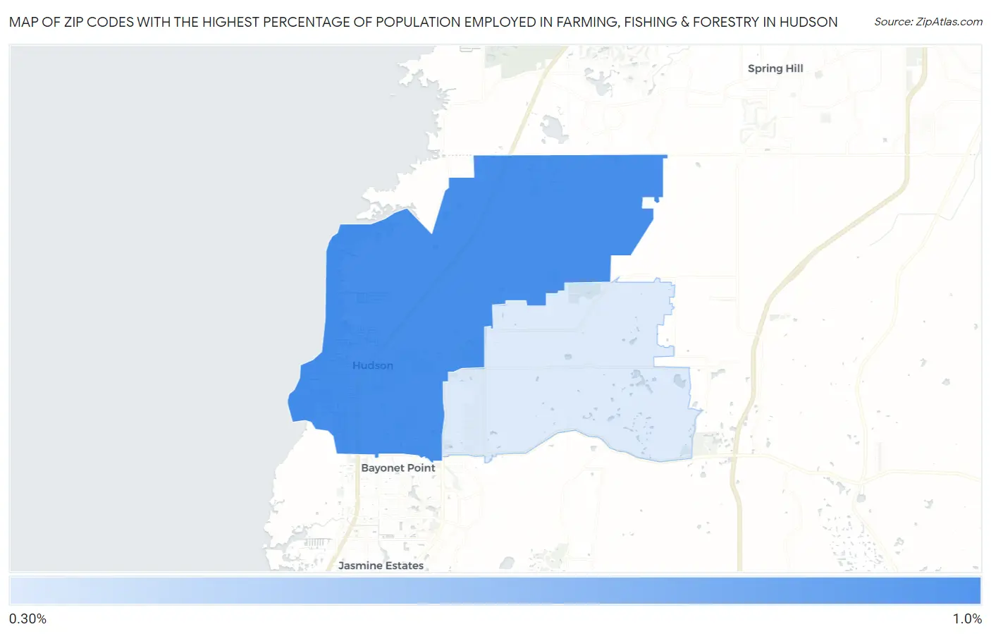 Zip Codes with the Highest Percentage of Population Employed in Farming, Fishing & Forestry in Hudson Map