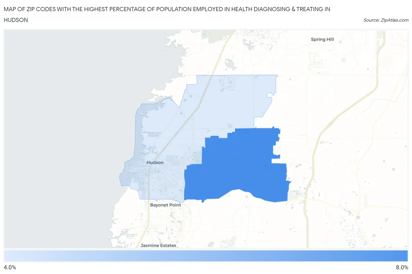 Zip Codes with the Highest Percentage of Population Employed in Health Diagnosing & Treating in Hudson Map