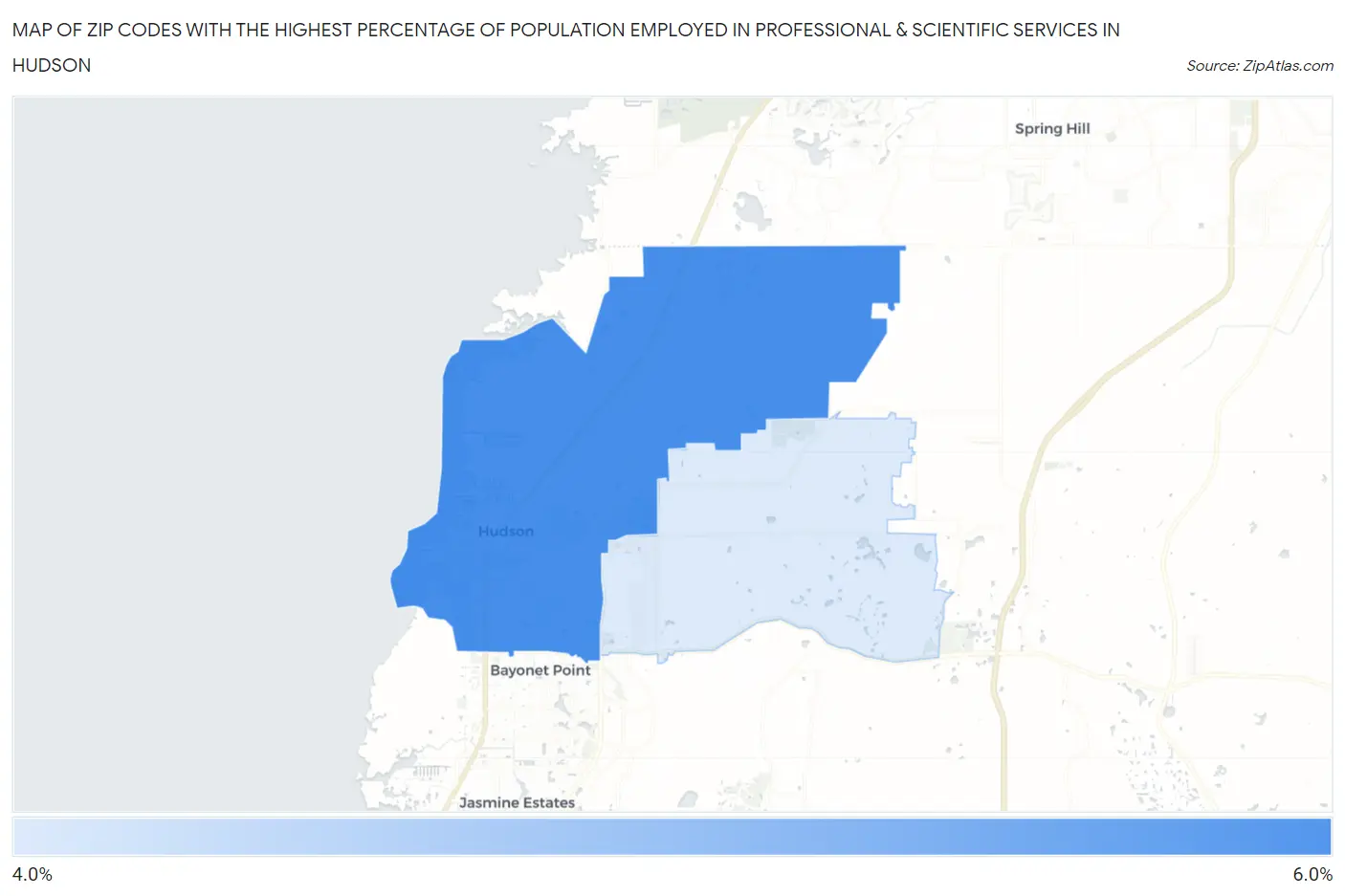 Zip Codes with the Highest Percentage of Population Employed in Professional & Scientific Services in Hudson Map