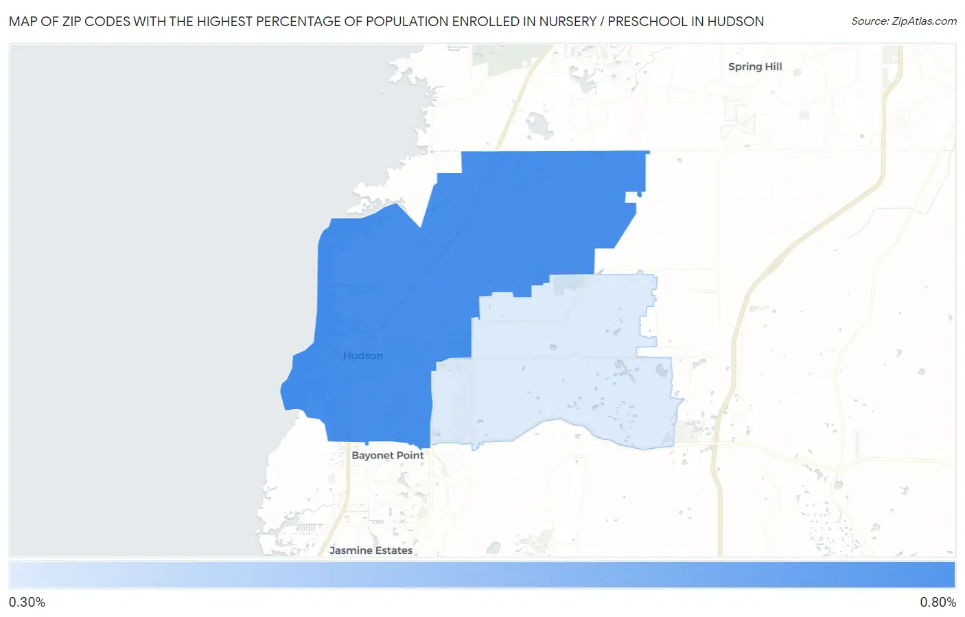 Zip Codes with the Highest Percentage of Population Enrolled in Nursery / Preschool in Hudson Map