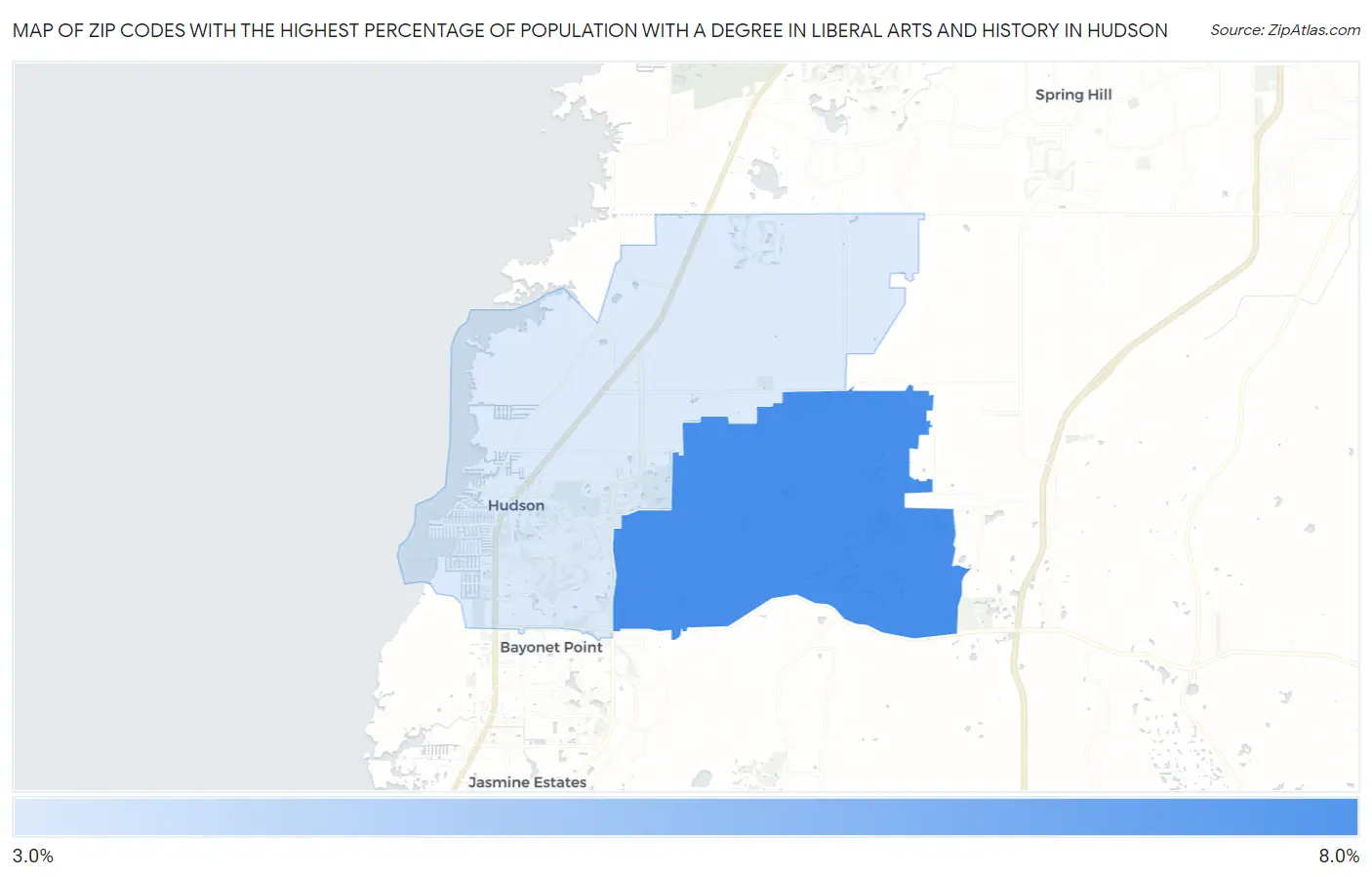 Zip Codes with the Highest Percentage of Population with a Degree in Liberal Arts and History in Hudson Map