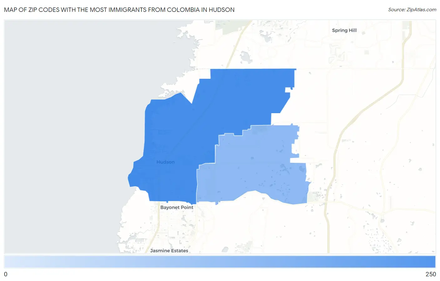 Zip Codes with the Most Immigrants from Colombia in Hudson Map