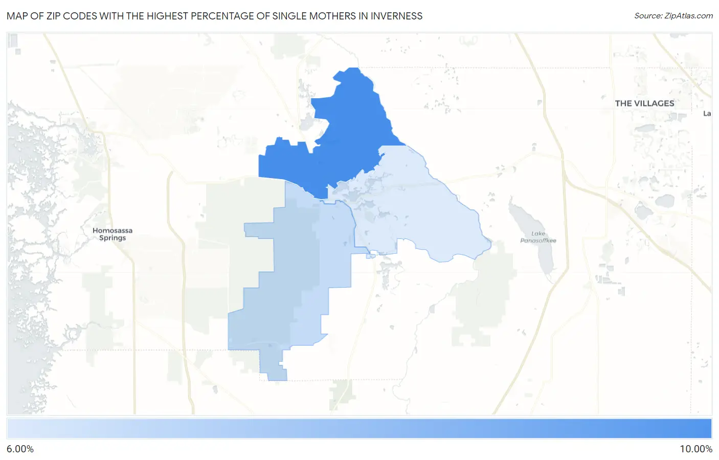 Zip Codes with the Highest Percentage of Single Mothers in Inverness Map