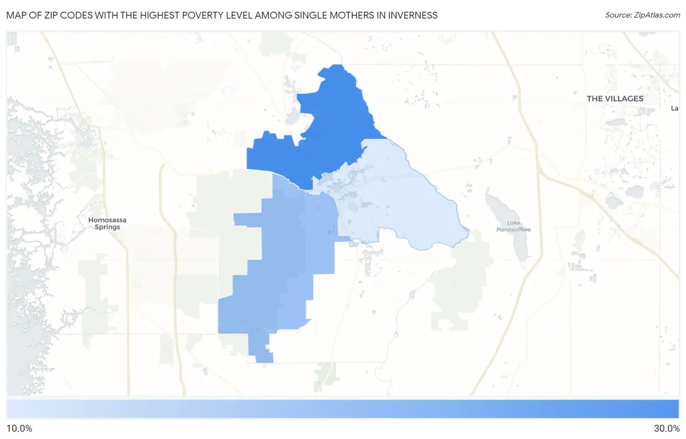 Zip Codes with the Highest Poverty Level Among Single Mothers in Inverness Map