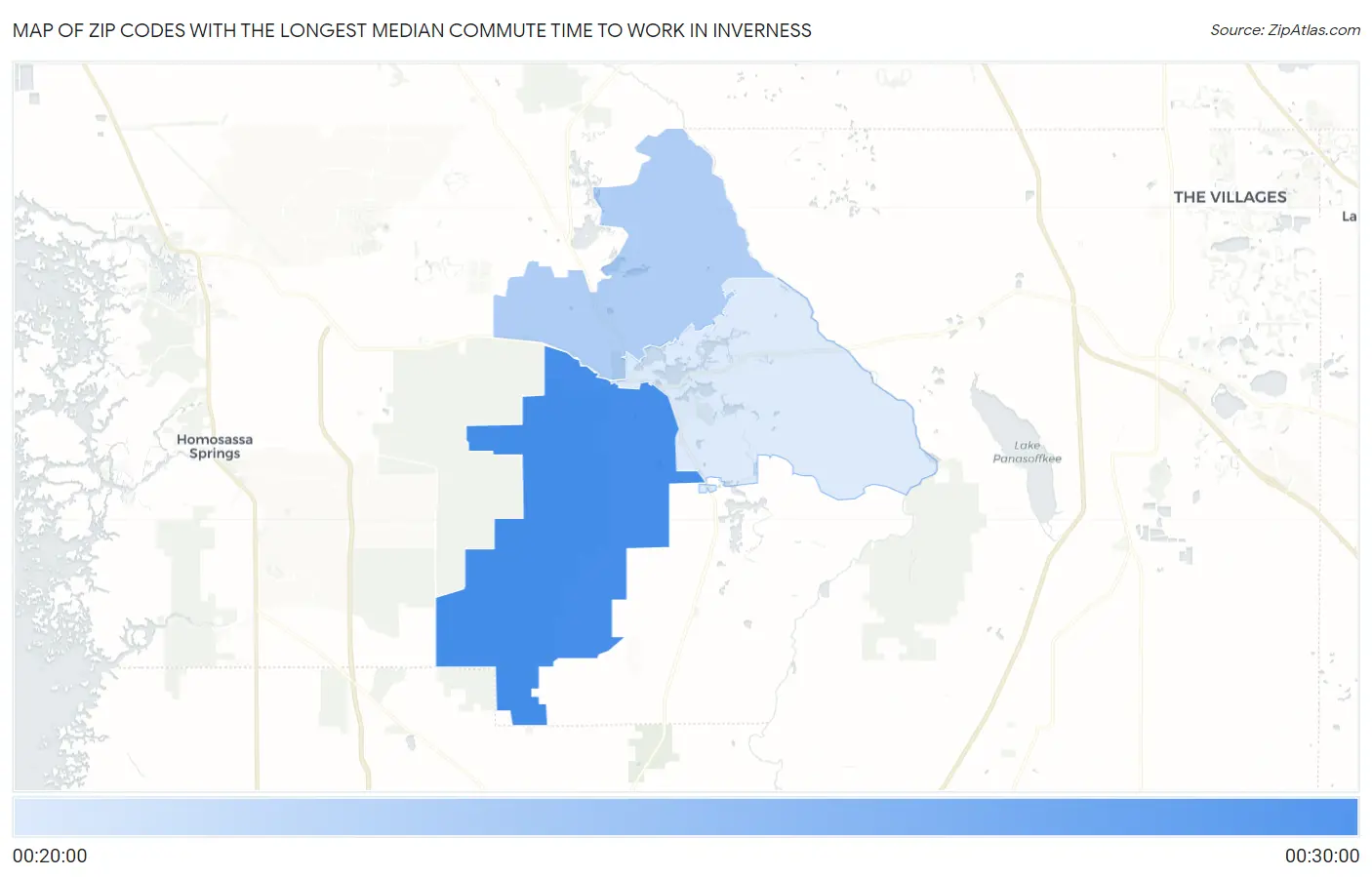 Zip Codes with the Longest Median Commute Time to Work in Inverness Map