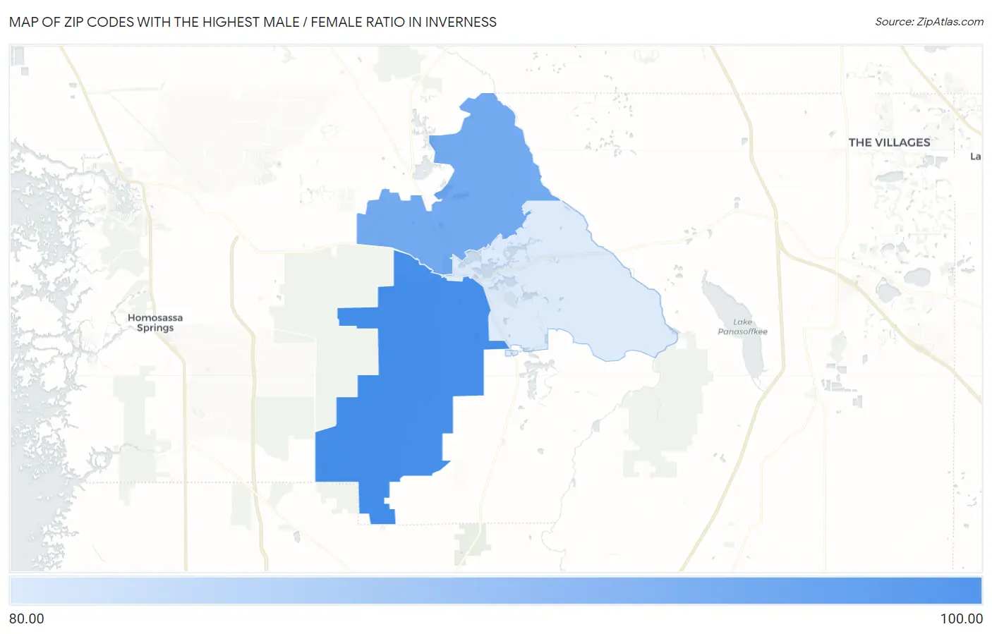 Zip Codes with the Highest Male / Female Ratio in Inverness Map