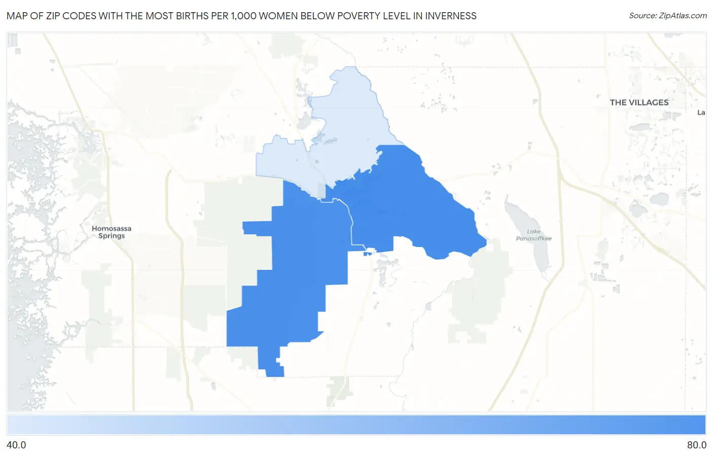 Zip Codes with the Most Births per 1,000 Women Below Poverty Level in Inverness Map