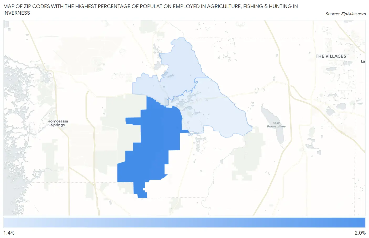 Zip Codes with the Highest Percentage of Population Employed in Agriculture, Fishing & Hunting in Inverness Map