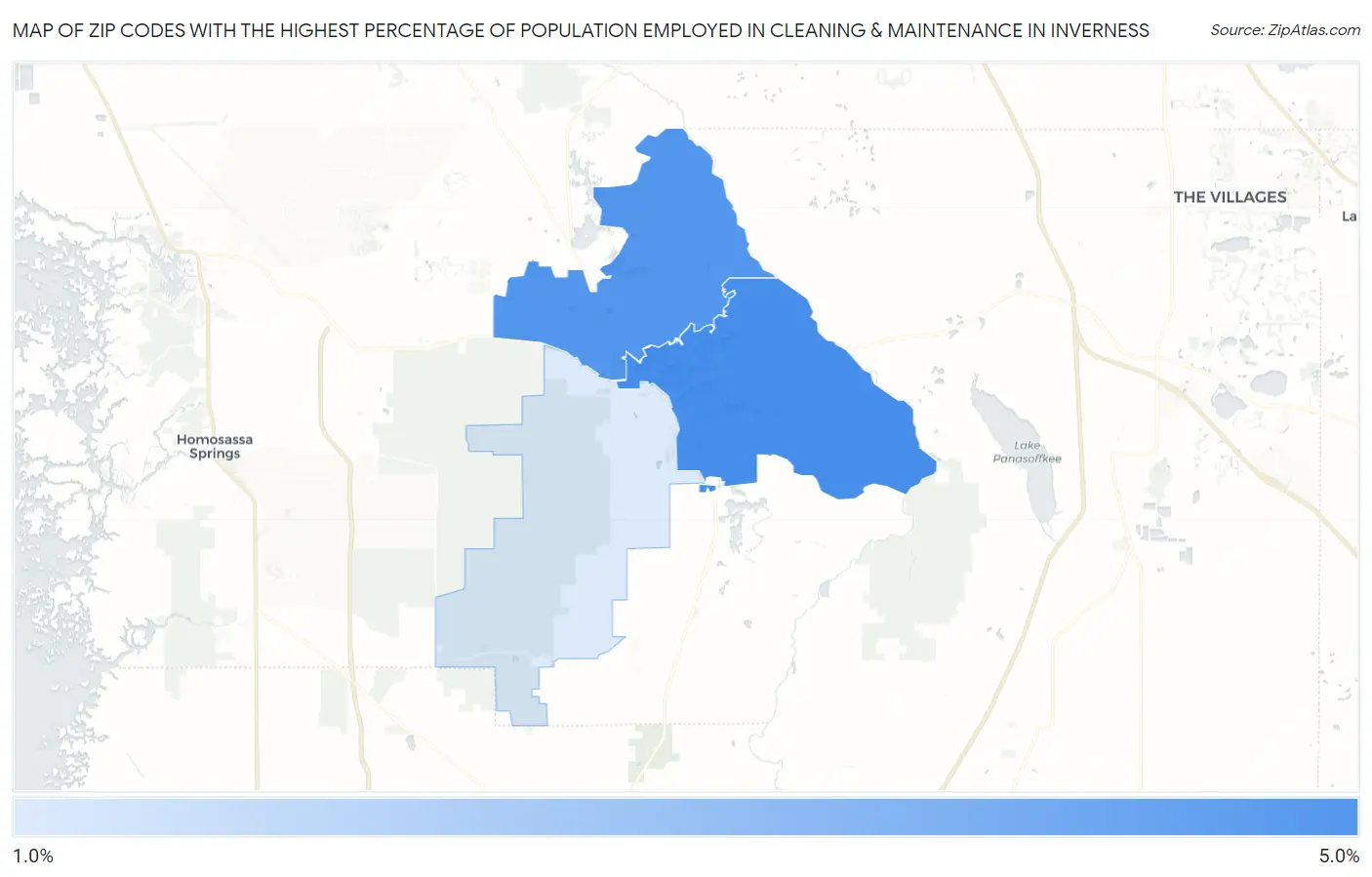 Zip Codes with the Highest Percentage of Population Employed in Cleaning & Maintenance in Inverness Map