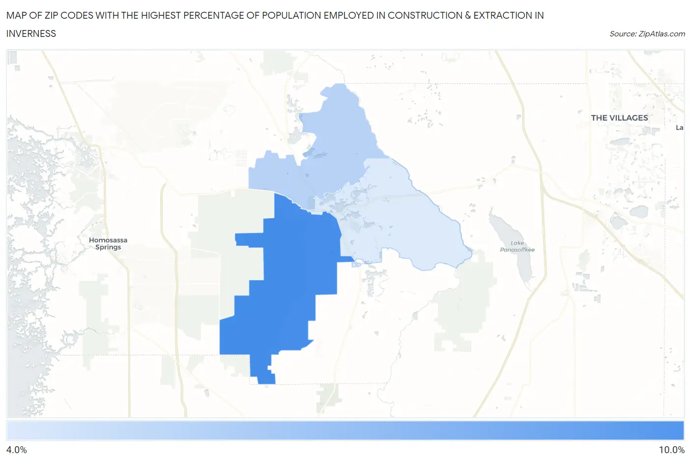 Zip Codes with the Highest Percentage of Population Employed in Construction & Extraction in Inverness Map