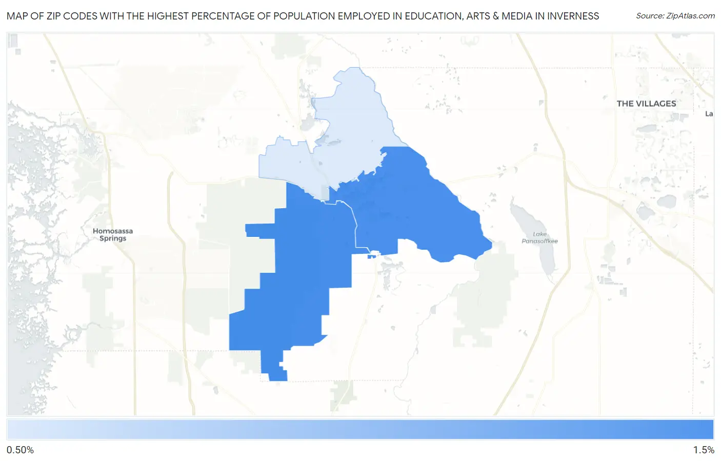 Zip Codes with the Highest Percentage of Population Employed in Education, Arts & Media in Inverness Map