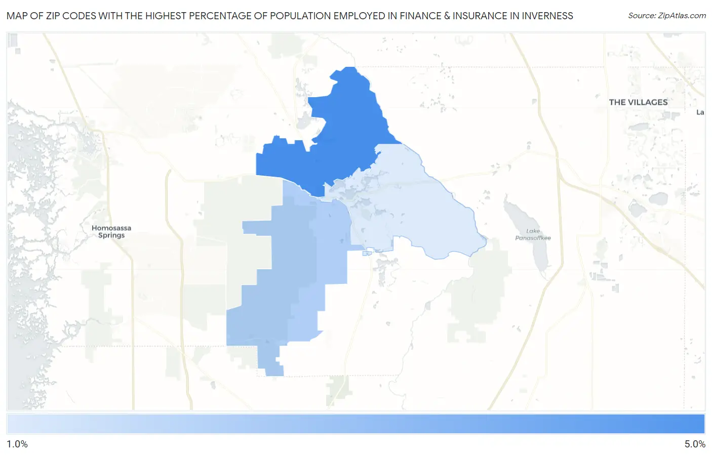 Zip Codes with the Highest Percentage of Population Employed in Finance & Insurance in Inverness Map