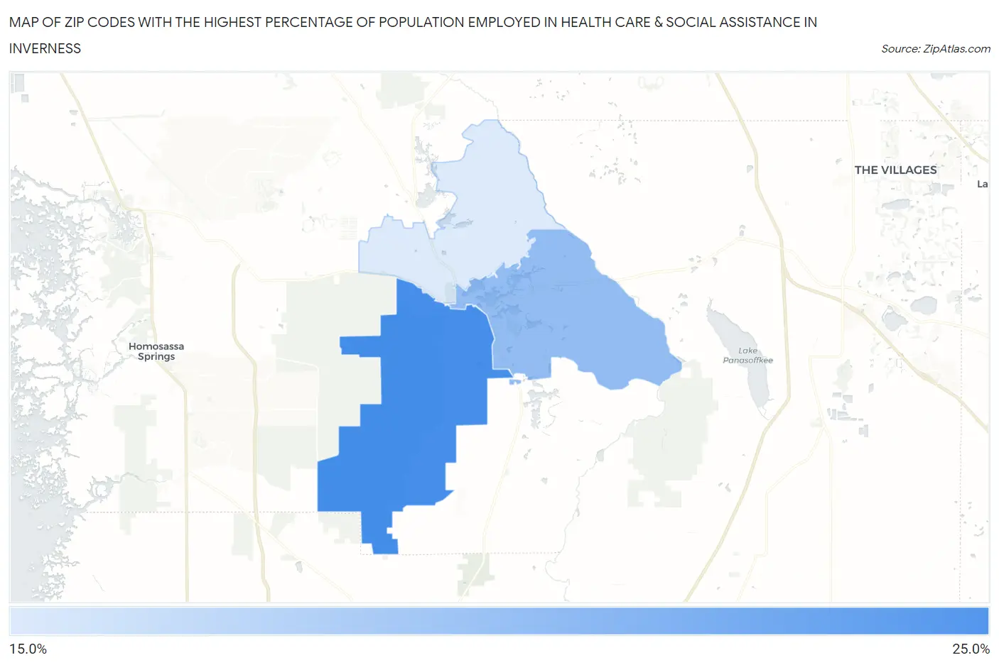 Zip Codes with the Highest Percentage of Population Employed in Health Care & Social Assistance in Inverness Map