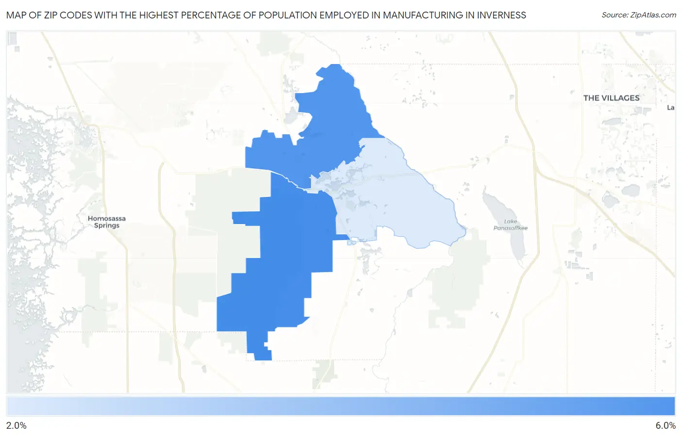 Zip Codes with the Highest Percentage of Population Employed in Manufacturing in Inverness Map