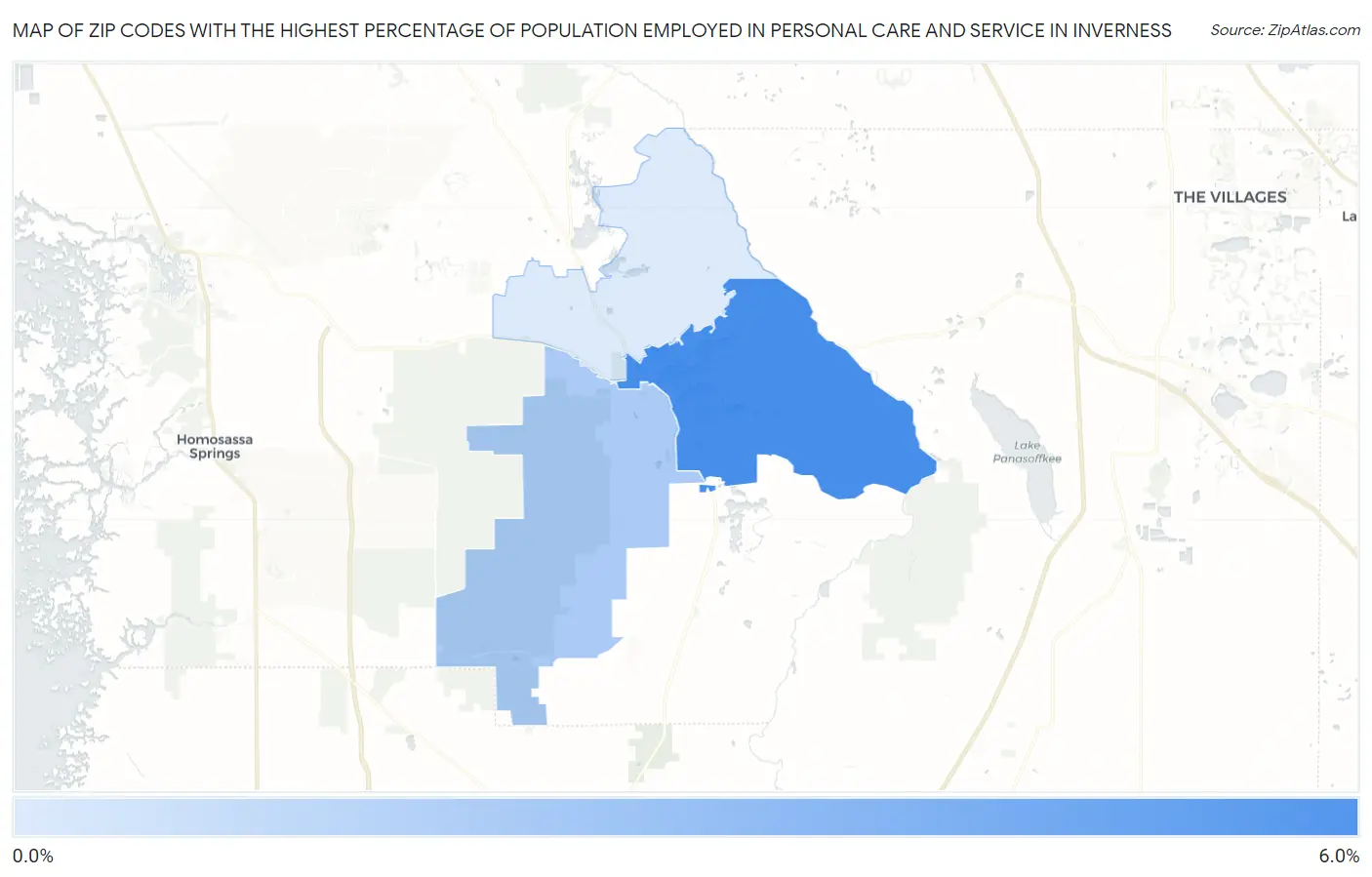 Zip Codes with the Highest Percentage of Population Employed in Personal Care and Service in Inverness Map