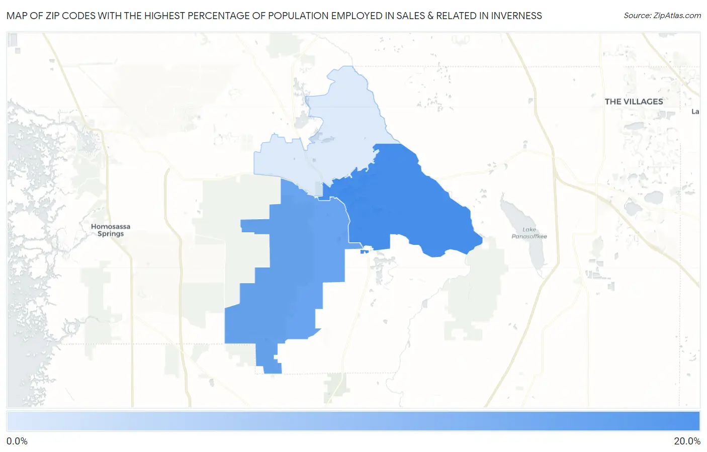 Zip Codes with the Highest Percentage of Population Employed in Sales & Related in Inverness Map