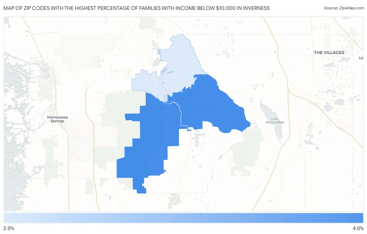 Zip Codes with the Highest Percentage of Families with Income Below $10,000 in Inverness Map
