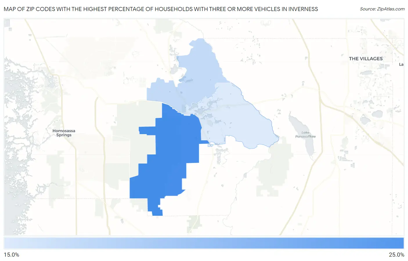 Zip Codes with the Highest Percentage of Households With Three or more Vehicles in Inverness Map
