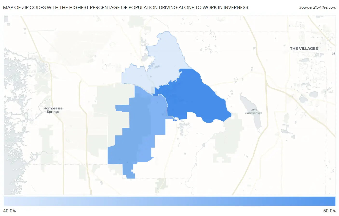 Zip Codes with the Highest Percentage of Population Driving Alone to Work in Inverness Map