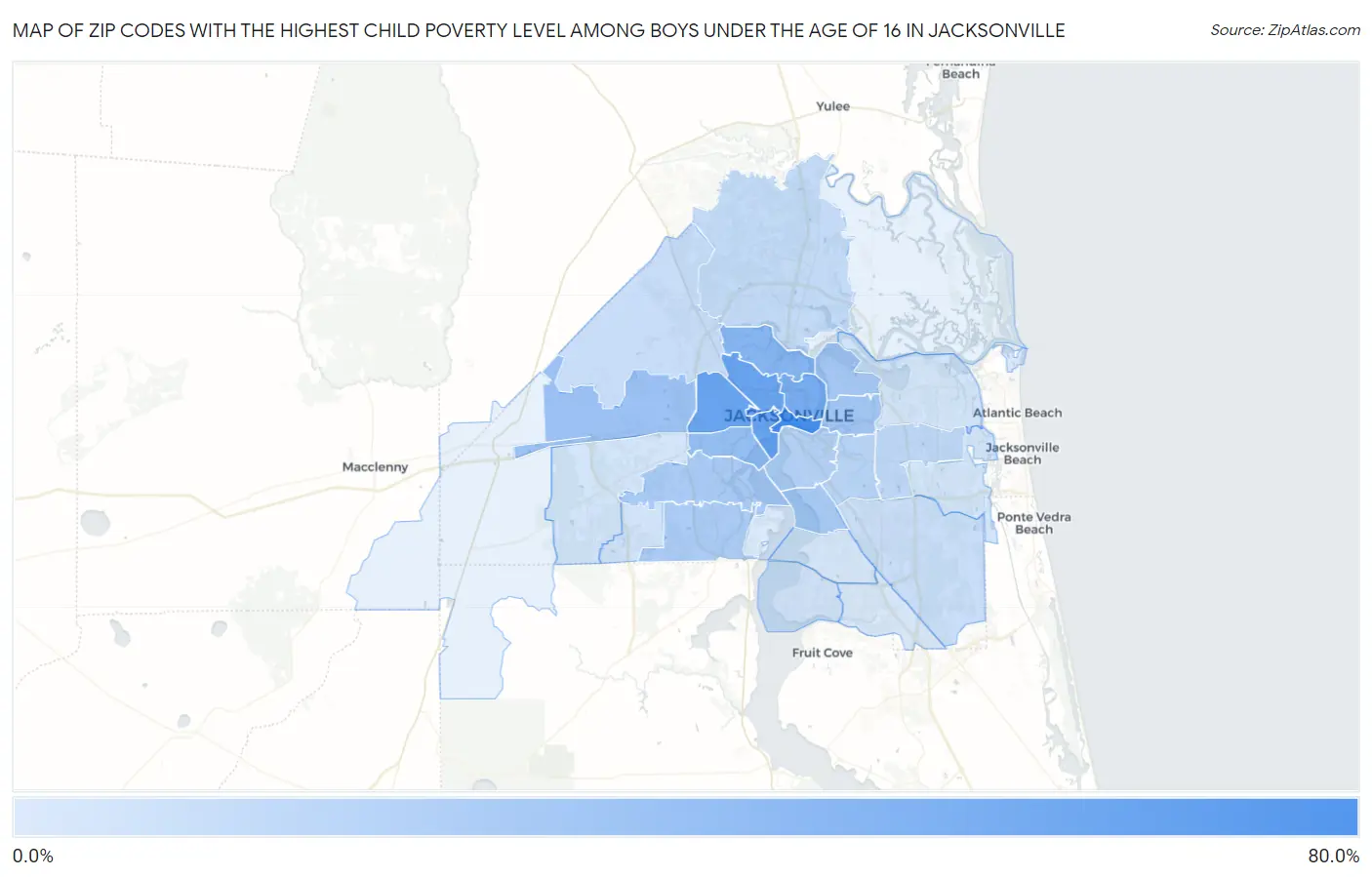 Zip Codes with the Highest Child Poverty Level Among Boys Under the Age of 16 in Jacksonville Map