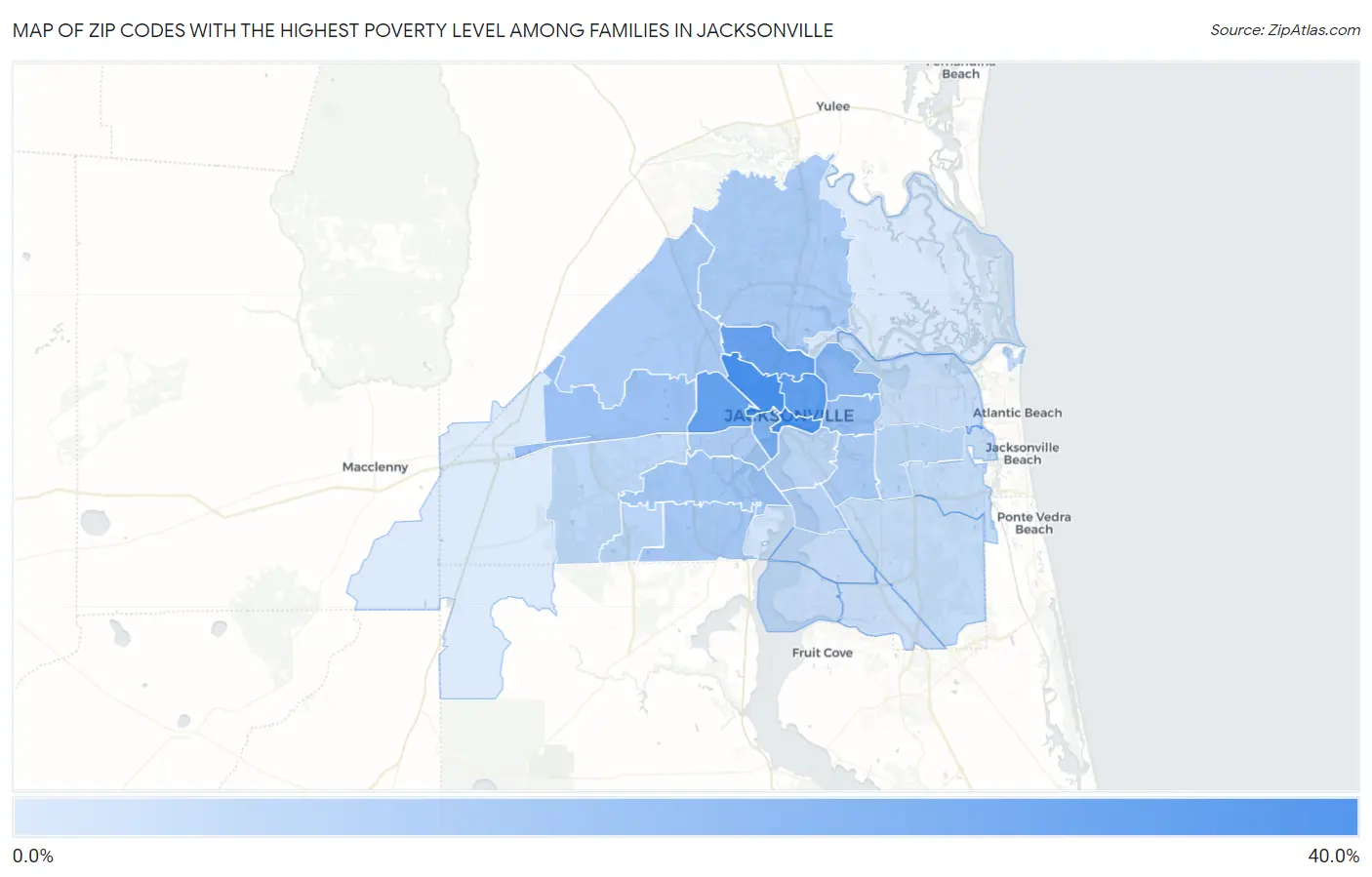 Zip Codes with the Highest Poverty Level Among Families in Jacksonville Map