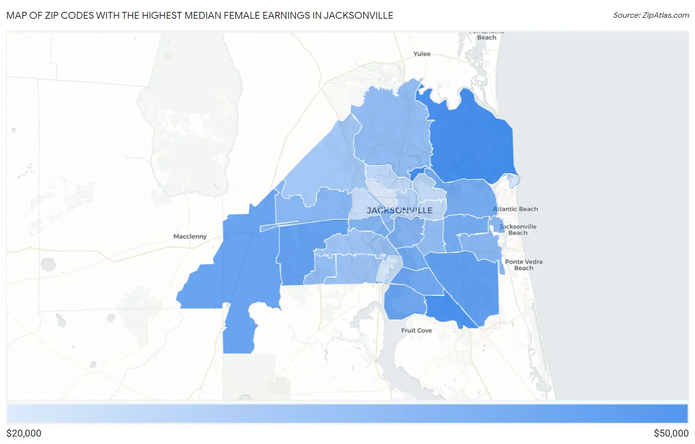 Zip Codes with the Highest Median Female Earnings in Jacksonville Map