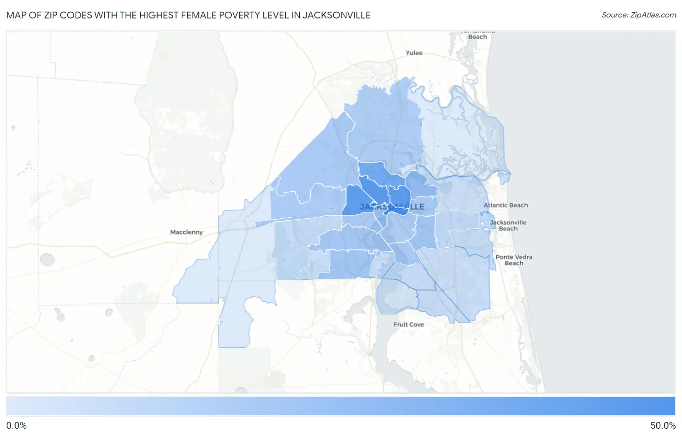 Zip Codes with the Highest Female Poverty Level in Jacksonville Map