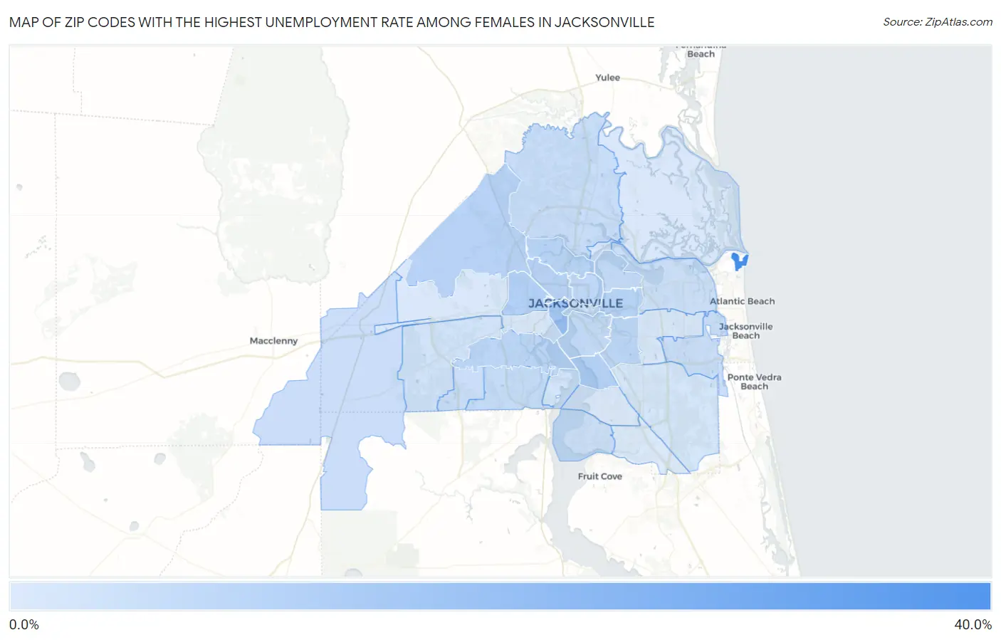 Zip Codes with the Highest Unemployment Rate Among Females in Jacksonville Map