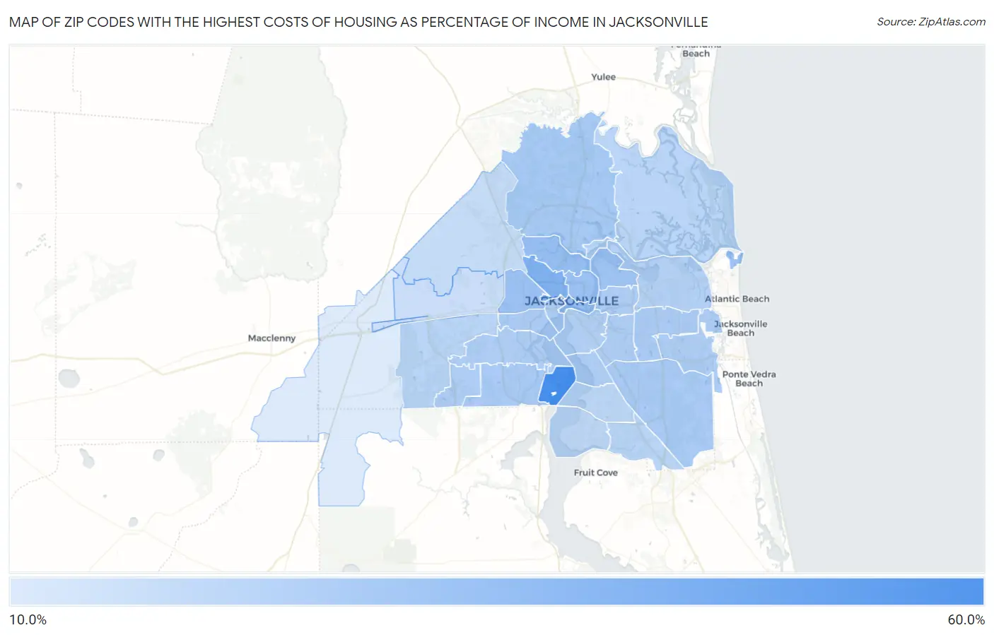 Zip Codes with the Highest Costs of Housing as Percentage of Income in Jacksonville Map
