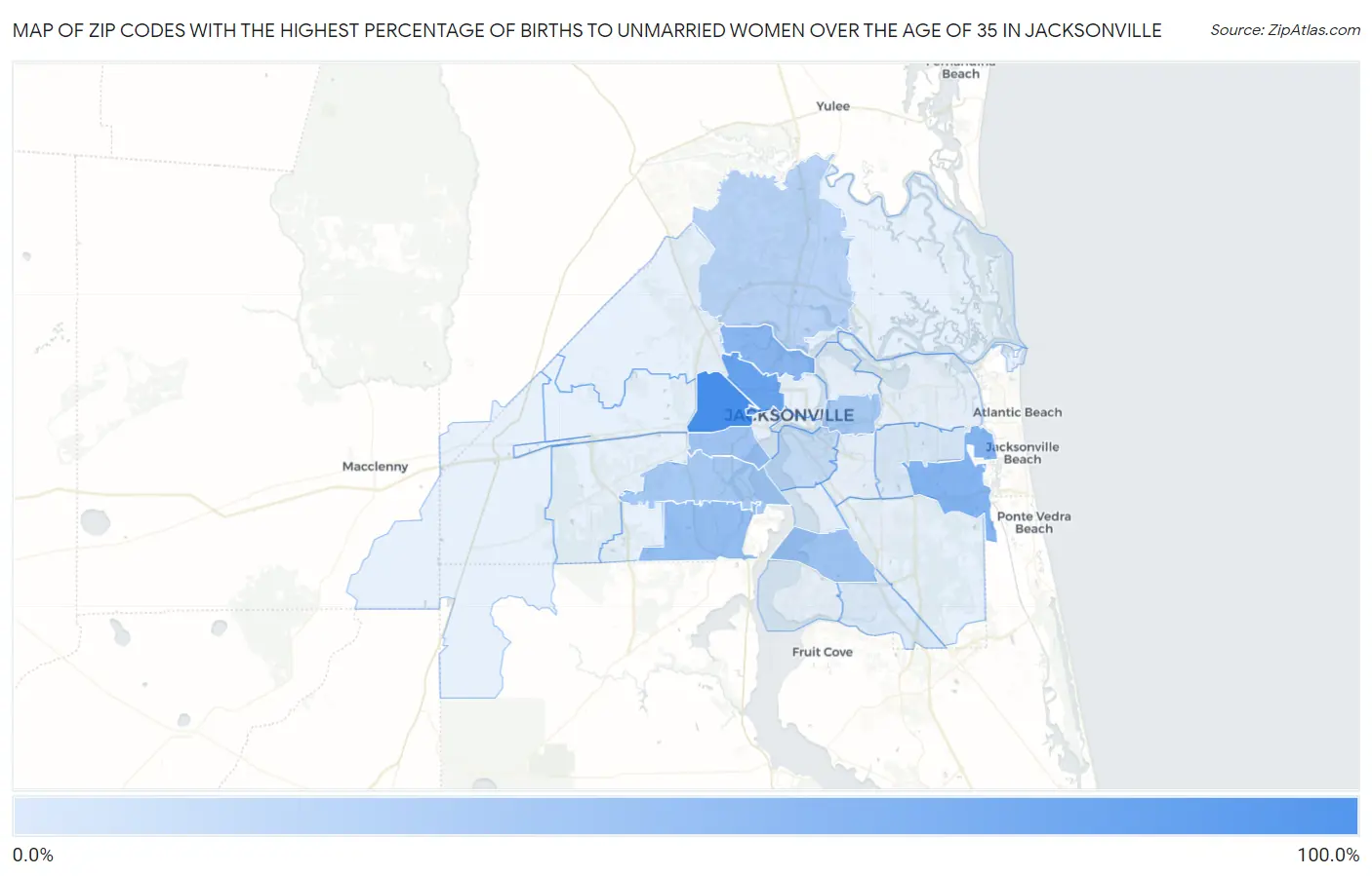 Zip Codes with the Highest Percentage of Births to Unmarried Women over the Age of 35 in Jacksonville Map