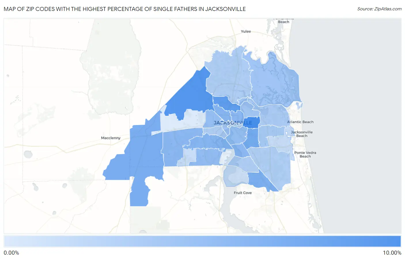 Zip Codes with the Highest Percentage of Single Fathers in Jacksonville Map